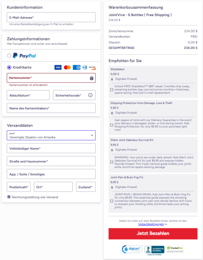 Secure checkout page for JointVive showing safe and protected order process for customer purchase